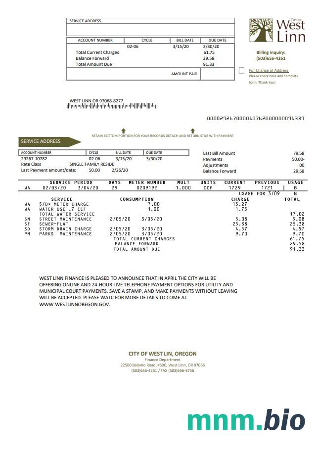 Szablon rachunku za media w USA Oregon City of West Linn w formacie Word i PDF
